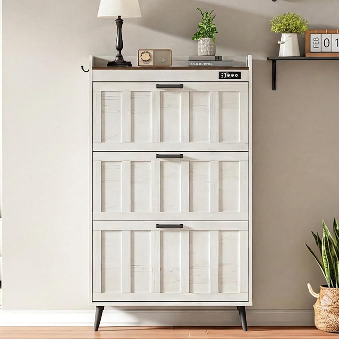 ChooChoo Shoe Storage Cabinet with 3 Flip Drawers and Deodorizer | Shoe Organizer Storage for Entryway, Freestanding Hidden Slim Narrow Shoe Rack Cabinet, Antique White & Brown