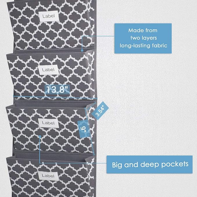 Over the Door File Organizer, Hanging File Folders, Wall Organizers and Storage for Mail, Magazine, Notebooks, Planners, Office, Classroom, 5 Extra Large Pockets (Grey Lantern Pattern)