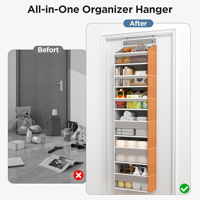 6 Tiers Over The Door Organizer, Behind The Door Storage Hanging Shelves | Heavy Duty Hanging Organizer Storage with Large Capacity Pockets for Closet Wall Bathroom Bedroom Nursery Pantry, 1 Grey