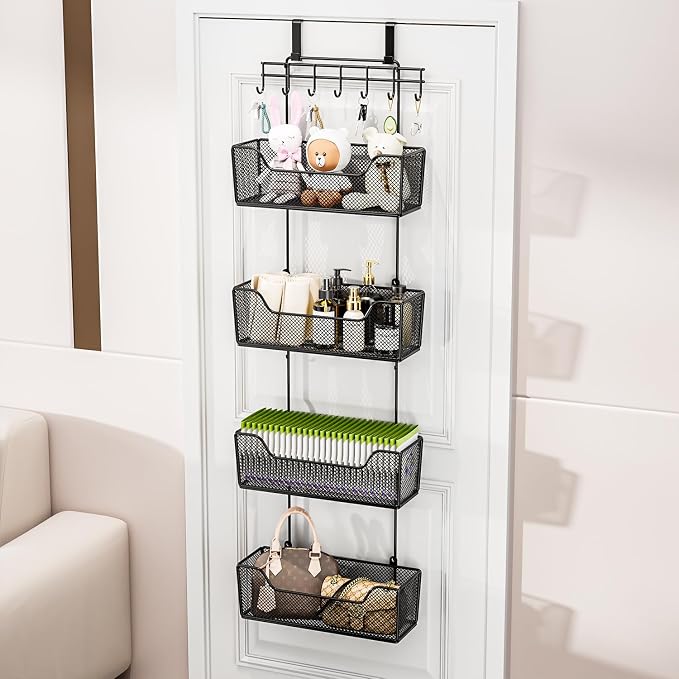 HapiRm Over The Door Organizer - Hanging Door Organizer with 4 Metal Large Capacity Baskets and Adjustable Coat Hook for Bathroom Bedroom Kitchen Pantry Closet Cabinet