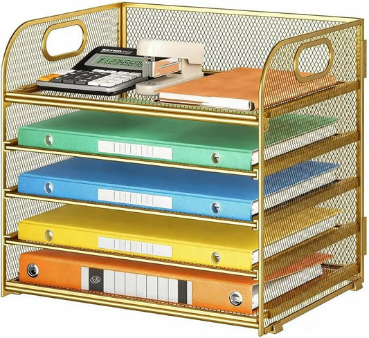 Lavatino Desk Paper Organizer Trays, Gold 5-Tier Mesh File Folder Sorter with Handles, Letter Holder Organizer for Office, Home, School Supplies Storage & Organization