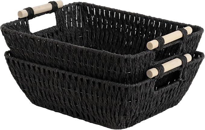 StorageWorks Large Wicker Storage Basket for Organizing with Wooden Handles, Toilet Paper Baskets for Shelf, Black, 2-Pack