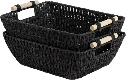 StorageWorks Large Wicker Storage Basket for Organizing with Wooden Handles, Toilet Paper Baskets for Shelf, Black, 2-Pack