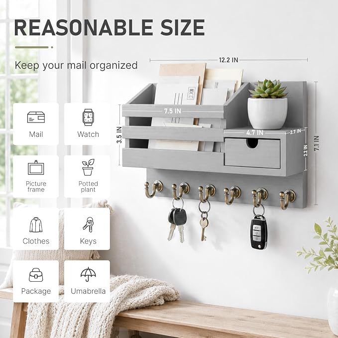 FifthQuarter Key Holder for Wall with Storage Drawer and 6 Sturdy Hooks | Wooden Entryway Organizer and Decorative, Easy Installation