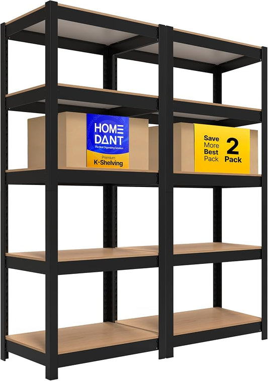 HOMEDANT House 24.4" W 5 Tier Heavy Duty Garage Shelving Adjustable Metal Rack Storage Shelves Standing Shelf Unit Organizers Pantry Closet Office Black 2Pack