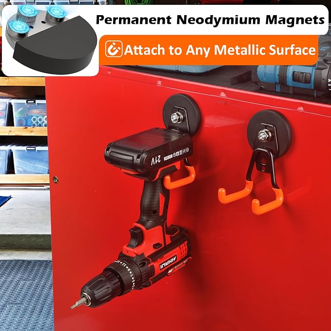 MUTUACTOR Updated Strong Magnetic Hooks Heavy Duty,20lbs Anti-Scratch Powerful Garage Magnet Hook,2PCS Anti-Slip Magnetic Tool Hooks for Organizing Cordless Impact Drivers Garden Shovel Tool Box