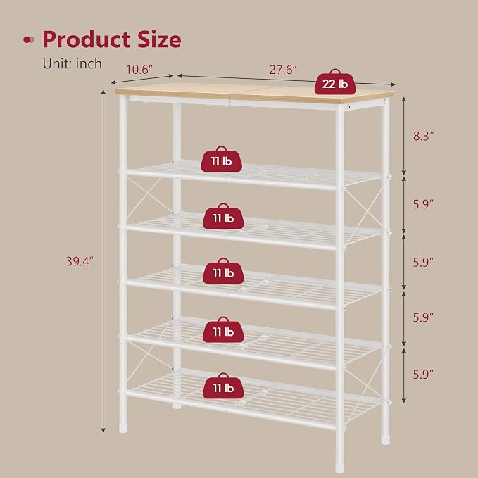 6 Tier Shoe Rack for 20-24 Pairs of Shoes, White Log | Sturdy & Durable, X Shape Fixed Frame, Metal Mesh Shoe Shelf, Industrial, For Closet, For Entryway Shoe Storage