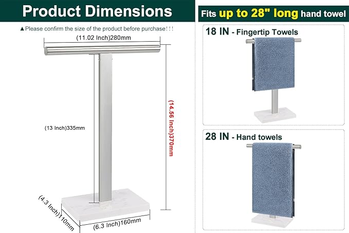 Hand Towel Holder, T-Shape Hand Towel Stand for Bathroom, Hand Towel Rack Bar Standing for Vanity Kitchen Countertop, 304 Stainless Steel (Marble Base, Brushed)