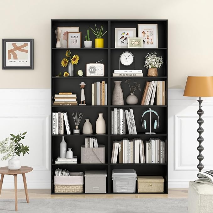 Giantex 6-Tier Bookcase, 70" Tall Wooden Bookshelf, Freestanding Storage Organizer w/Open Shelves, Anti-Tipping Kits, Modern Floor Standing Display Shelves for Living Room, Bedroom (1,Black)