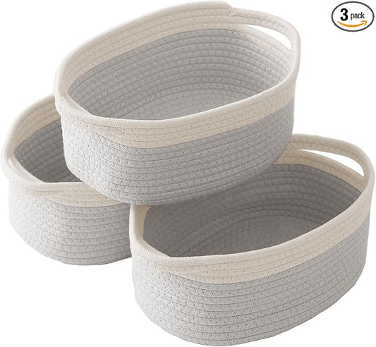 JMvicyroam Small Woven Basket, Empty Gift Basket, White&Grey/3 Pack | Small Gift Basket, Cotton Rope, 12 x 8 x 68 in, Handles, Includes Ribbon and Bag, Birthday Gift Basket
