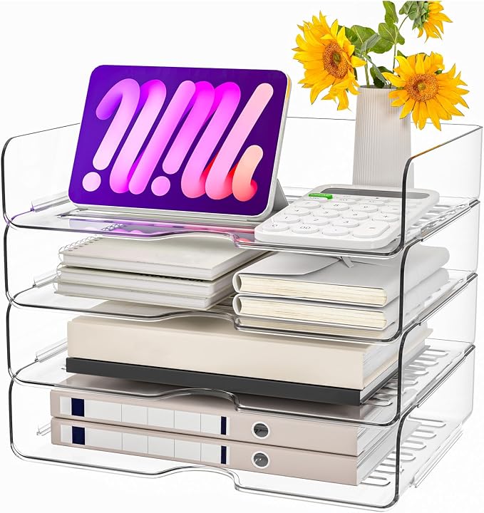 Vivihomety Paper Organizer Letter Tray, 4-Pack Stackable Acrylic, Clear | Stackable, Versatile Desk File Organizer – A4 Paper, Documents, Letters, Books, Bills, iPad – Large Capacity, Home Office