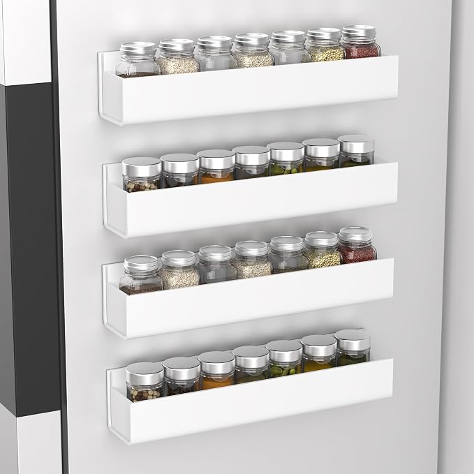 PMMASTO Adhesive Acrylic Spice Rack Organizer for Wall with Nano Double Sided Tape, Spice Shelf Organization for Kitchen Cabinet Door/Pantry Door, Wall Mount Seasoning Rack (White - 4 Pack)