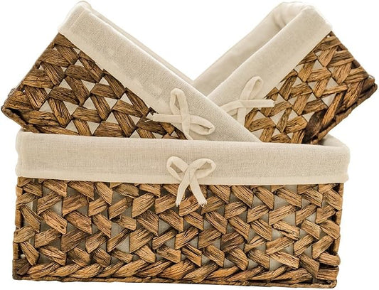 Water Hyacinth Storage Baskets Set of 3 with Metal Frame & Removable Liner, Large Medium Small Rectangular Woven Organizer Bins for Closet, Bedroom, Bathroom, Kitchen, Home Organization
