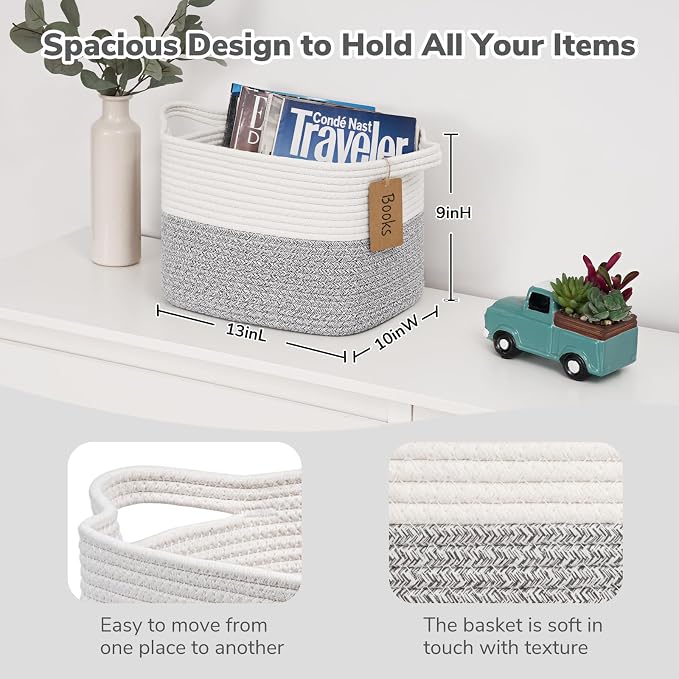 Goodpick Small Laundry Basket with Handles, Cotton Rope, Light Gray | 13 × 10 × 9 in, Soft Woven, Rectangle, Bathroom & Bedroom Organization, Clothes, Towels & Toys Storage