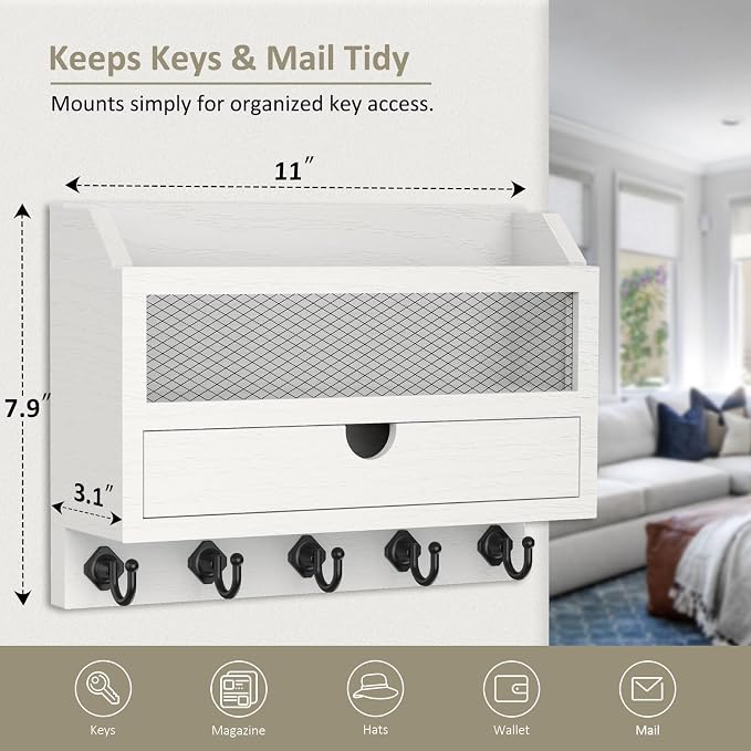 Nekon Key and Mail Holder for Wall, Key Organizer with 5 Hooks & Storage Drawer, 11" W x 7.9" H x 3.1" D Wooden Key Rack for Entryway and Home Decor (White)