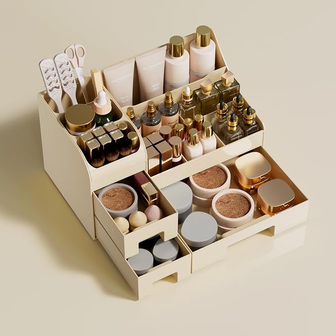 Makeup Organizer with Drawers,Large Cosmetic Storage Box,Countertop Skincare Organizer,ABS Makeup Brush Holder for Bathroom,Desk,Dresser,Multifunctional Beauty Display Case,Cream