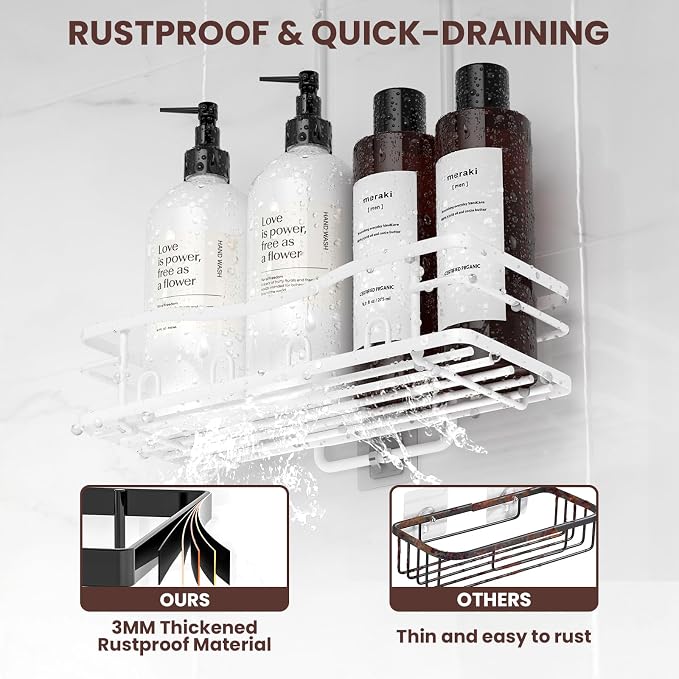 Rustproof Shower Caddy Hanging with Soap Holders for Bathroom, White | Shower Organizer with Multi Hooks Toothbrush Holder, No Drilling, Anti-Swing, Storage for Shampoo Conditioner Body Wash