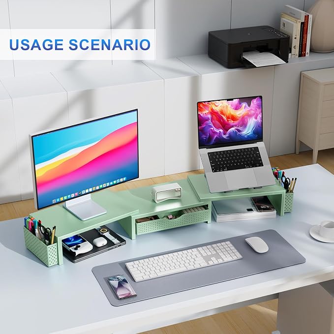 gianotter Dual Monitor Stand Riser, Desk Organizer With Drawer and 2 Pen Holders, Computer Monitor Stand, Desk Shelf for Top of Desk (Sage Green)