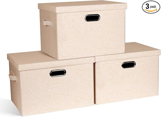 Storage Bins with Lids Fabric Closet Organizers Cubes Office Organization | 36 Quart 3 Pack Light Orange Collapsible Stackable Linen Fabric 4 Handles Bedroom Closet Cabinet Under Bed Clothes Toy Office