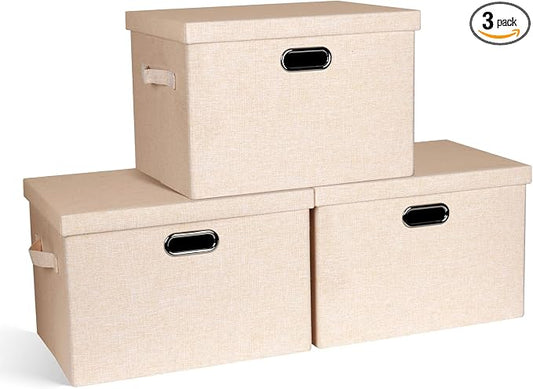 Storage Bins with Lids Fabric Closet Organizers Cubes Office Organization | 36 Quart 3 Pack Light Orange Collapsible Stackable Linen Fabric 4 Handles Bedroom Closet Cabinet Under Bed Clothes Toy Office