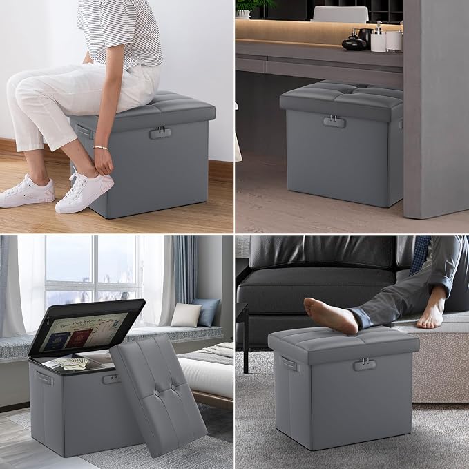DocSafe Storage Ottoman with Lock,Fireproof Folding Ottoman Foot Rest Stool Storage Chest with Storage Safe for Important Documents,Waterproof 17 Inches Short Ottoman Foot Stool with Handles,Grey