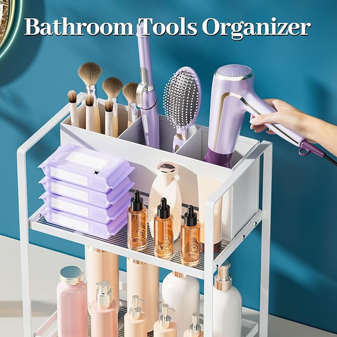 Bathroom Counter Organizer, Metal Vanity Shelf with Hair Dryer Holder | 2 Tier Hair Tool Organizer, Large Capacity Space-Saving, For Perfume, Skincare & Makeup Storage