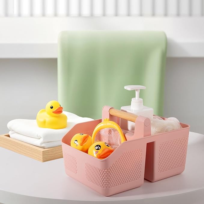 Plastic Shower Caddy Portable Shower Basket with Bamboo Handle, Pink | Cleaning Caddy Organizer Storage Tote for Bathroom, College Dorm Essentials, Bath Toy Storage