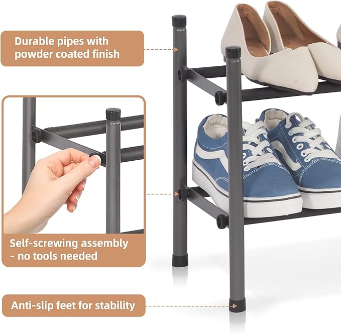 STORAGE MANIAC Expandable Shoe Rack for Closet, 8 Pairs Stackable Small Shoe Rack, Metal Adjustable Shoes Organizer for Entryway, Hallway, Garage, Front Door, Shoes Shelves, Black 2 Tier