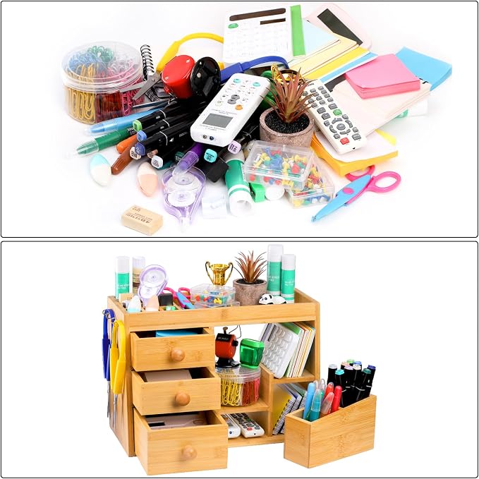 Elsjoy Large Countertop Bamboo Makeup Organizer with 3 Drawers, 12-Grid Lipstick Holder, Jewelry Hanging Hooks, Makeup Brush Holder, Desktop Wood Cosmetic Organizer Stand for Vanity