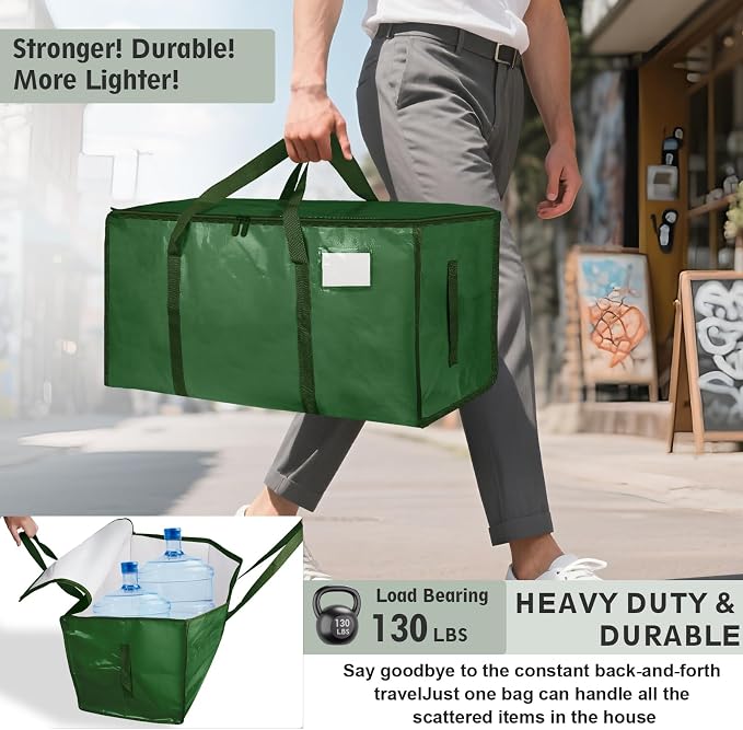 4 Pack-Extra Large Heavy Duty Moving Bags - Waterproof Storage Totes with Handles & Zippers, Foldable for College Dorm, Storage (olive green)