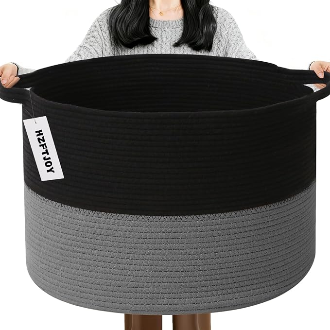 115L Large Blanket Basket,Woven Rope Laundry Basket-Black&Dark Grey | Collapsible, reinforced handles, nursery storage bin organizes clothes, toys and pillows for living room, bedroom bathroom