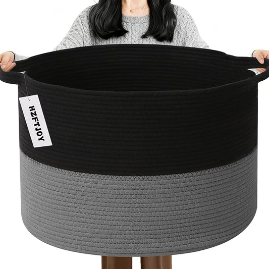 115L Large Blanket Basket,Woven Rope Laundry Basket-Black&Dark Grey | Collapsible, reinforced handles, nursery storage bin organizes clothes, toys and pillows for living room, bedroom bathroom