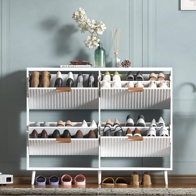 Shoe Cabinet Storage,Modern Freestanding Organizer with 4 Flip Drawers,Narrow Shoe Rack Cabinet for Entryway,White
