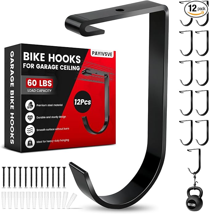 Bike Hooks for Garage Ceiling Mount Rack, Add on Storage Flat Hook, 12 Pack | Anti-Rust Overhead Garage Hooks for Wall Shelving, 60lbs Load Capacity, Tool-Free Installation