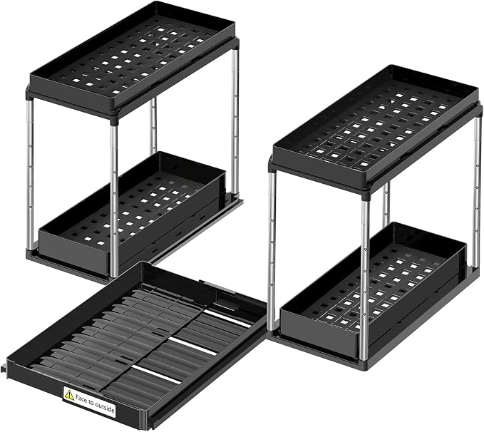 NIUXX Expandable Under Sink Organizer: 2 Tier Height Adjustable | Under Cabinet Organizer - Double Pull Out Shelf Under Sink Storage for Kitchen - Bathroom and Laundry Room - Space Saving