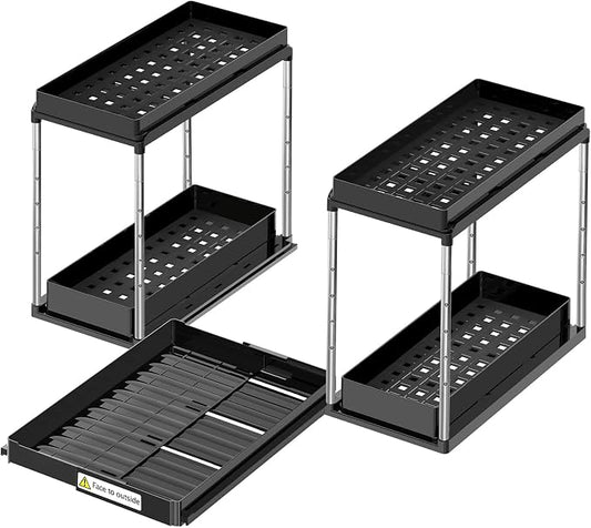 NIUXX Expandable Under Sink Organizer: 2 Tier Height Adjustable | Under Cabinet Organizer - Double Pull Out Shelf Under Sink Storage for Kitchen - Bathroom and Laundry Room - Space Saving