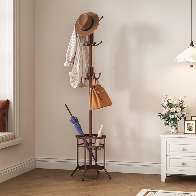 ELYKEN Coat Rack Freestanding, Metal Coat Rack with Umbrella Holder | 12 Hooks, Round Base, Heavy Duty Floor Standing Coat Tree for Entryway, Hallway, Living Room, Bedroom, Office, Brown