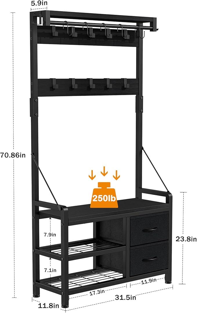 Hall Tree with Bench and Shoe Storage, 31.5” Coat Rack Freestanding | Black, 5 in 1 Intelligent Design, 17 Hooks, 2 Drawers, Handy Clothes Rail