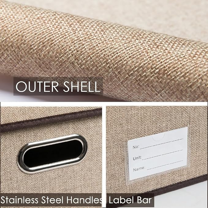 PRANDOM Storage Bins with Lids [3-Pack] Jute Fabric Foldable Storage Boxes Organizer Containers Baskets Cube with Cover for Home Bedroom Closet Office Nursery khaki（23.4X15.9X11.5