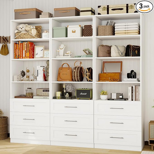 Closet System with 9 Drawers & 12 Shelves, Wood Closet Organizer System with 3 Extra Hanging Rod for Walk in Closet, Modular Closet Organizer System White(6FT)