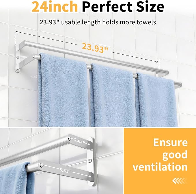 KLJKPA Double Towel Bar, Towel Holder for Bathroom, Brushed Nickel | Towel Rack for Bathroom Wall Mounted, Stainless Steel Double Bath Towel Bar