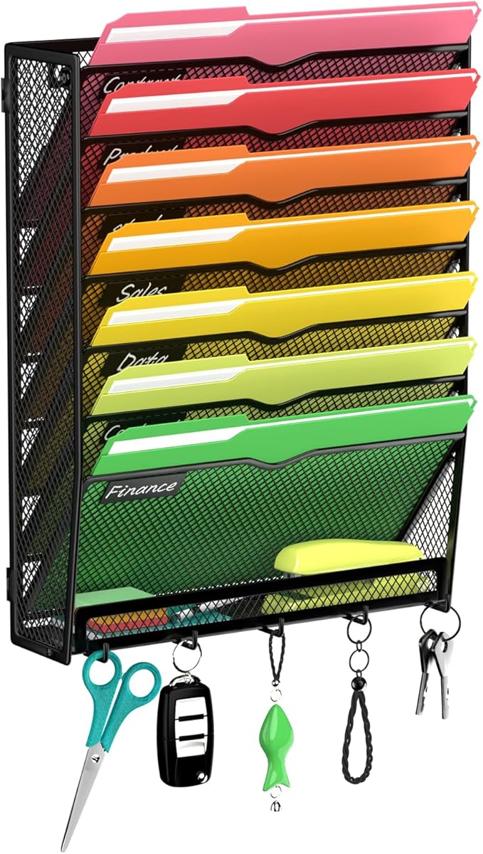 8-Tier Wall File Organizer with Hook, Hanging File Organizer Black | Wall-mounted mail storage holds papers, folders, files, clipboards and magazines, assembly required for office or home use.