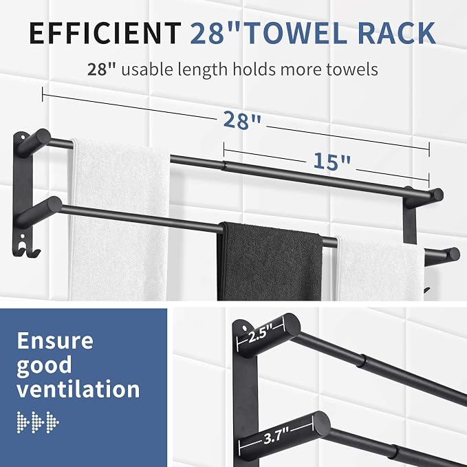 Black Double Towel Bar，Stretchable Double Towel Holder | Stainless steel bathroom towel rack, stainless steel towel holder, suitable for bathrooms and kitchens