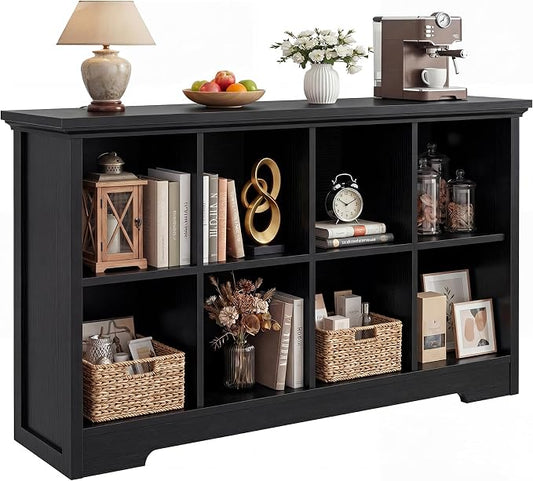 Aheaplus Wooden 8-Cube Storage Organizer with Charging Ports, Modern Cube Bookcase with Base, 3-Tier Floor Standing Open Cubbies Bookshelf, Cubicle Display Shelf for Home and Office, Black