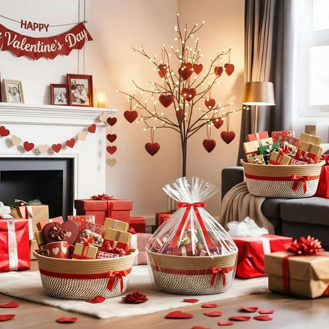 Colingmill 1 Set Woven Empty Basket for Gift,Brown Red | with Cellophane Wrap Set, 14 x 10 x 5.5 Inch, Medium Decorative Gift Basket, Cotton Rope Storage Box, Home Decor