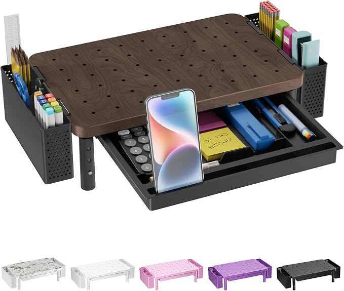 WALI Plastic Computer Monitor Stand with Storage, Desk Organizer with Drawer and Pen Holder, Desk Monitor Riser 3 Height Adjustable, Laptop Riser for Computer, Laptop, Printer(PTT003-C), 1 Pack, Brown