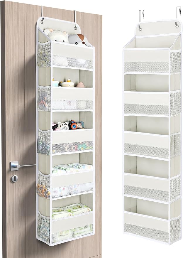 Yecaye 5 Tier Over the Door Organizer, 44lbs Load Toy Stuffed Animal Storage 10 Side Pockets, Bathroom Organizers and Storage for Nursery Newborn Baby Essential Stuff Dorm Room Essentials, Cream White
