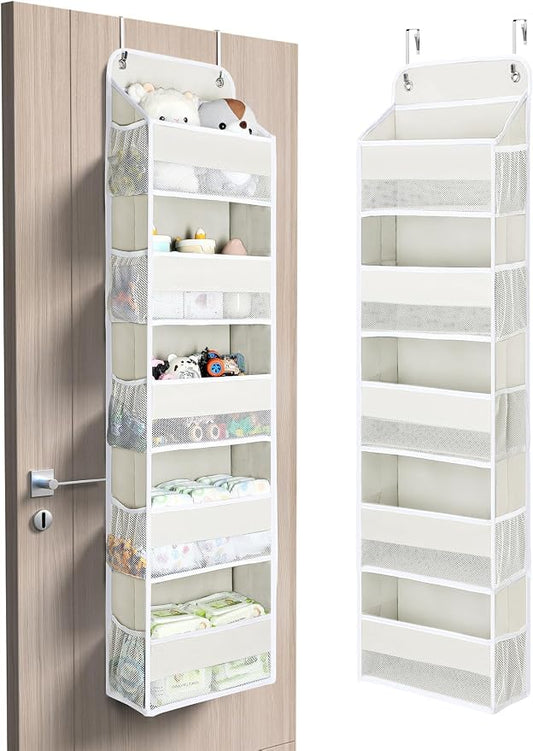 Yecaye 5 Tier Over the Door Organizer, 44lbs Load Toy Stuffed Animal Storage 10 Side Pockets, Bathroom Organizers and Storage for Nursery Newborn Baby Essential Stuff Dorm Room Essentials, Cream White