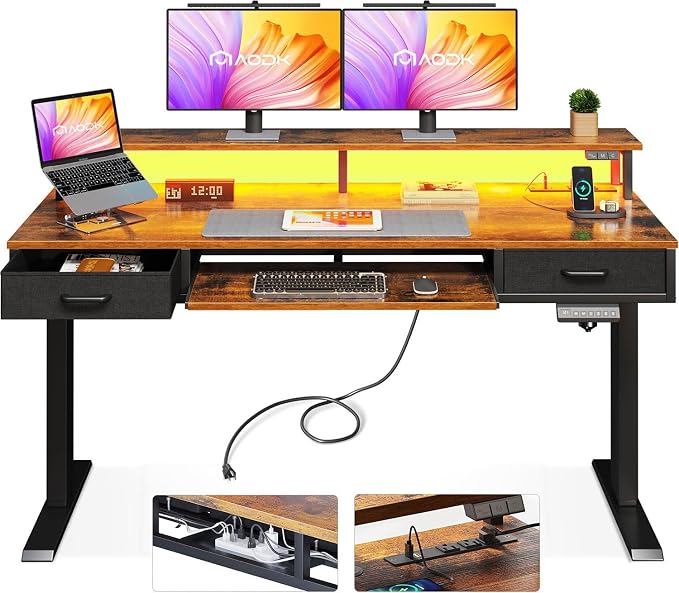 AODK 55 Inch Standing Desk with Drawers & Keyboard Tray, Rustic Brown | 3 Outlets & 2 USB Ports, LED Lights, Monitor Stand, Cable Management Tray, 3 Memory Heights, 29.9"-46.1" in Range