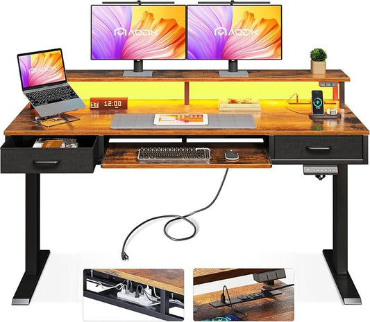 AODK 55 Inch Standing Desk with Drawers & Keyboard Tray, Rustic Brown | 3 Outlets & 2 USB Ports, LED Lights, Monitor Stand, Cable Management Tray, 3 Memory Heights, 29.9"-46.1" in Range